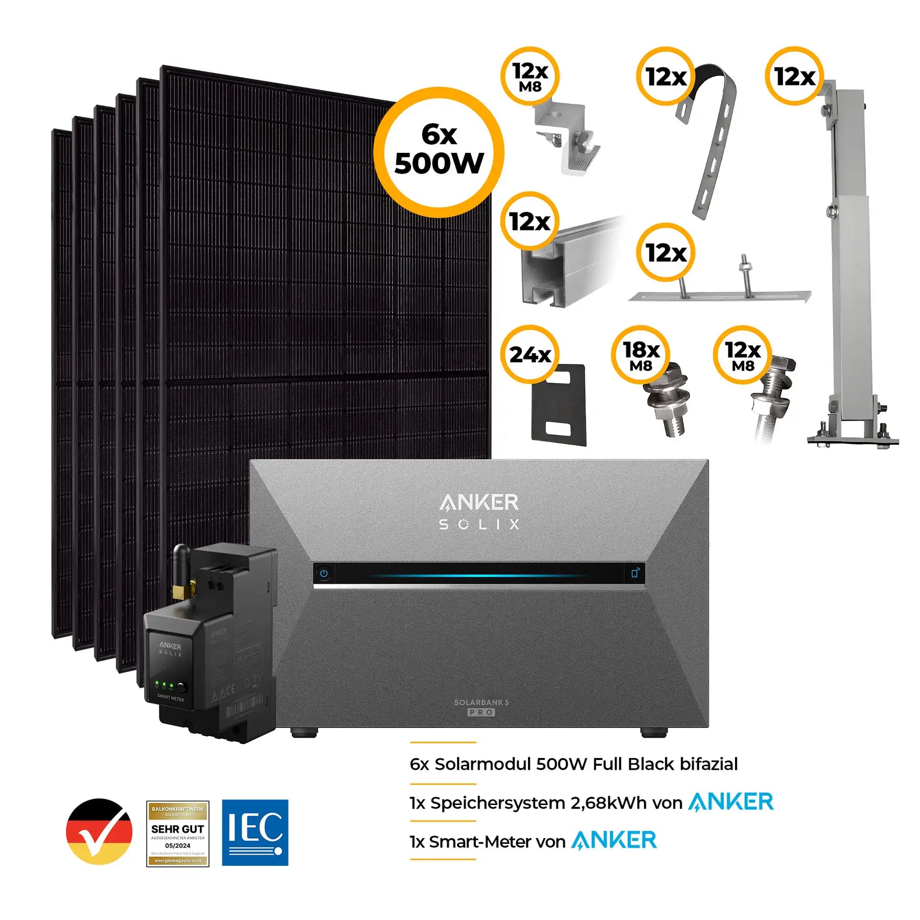 Balkonkraftwerk mit Anker SOLIX Solarbank 3 Pro 3000W Glas-Glas bifazial - Komplettset Gitterbalkon Set Bild
