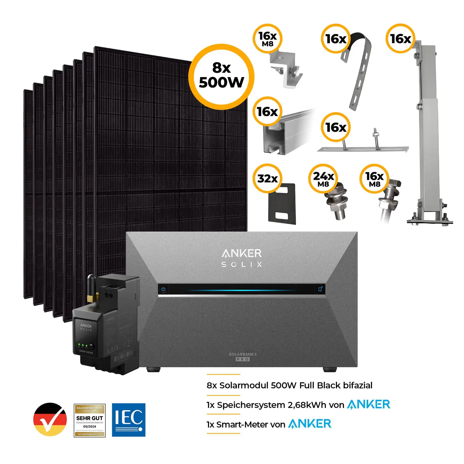 Balkonkraftwerk mit Anker SOLIX Solarbank 3 Pro 4000W Glas-Glas bifazial - Komplettset Gitterbalkon Set Bild
