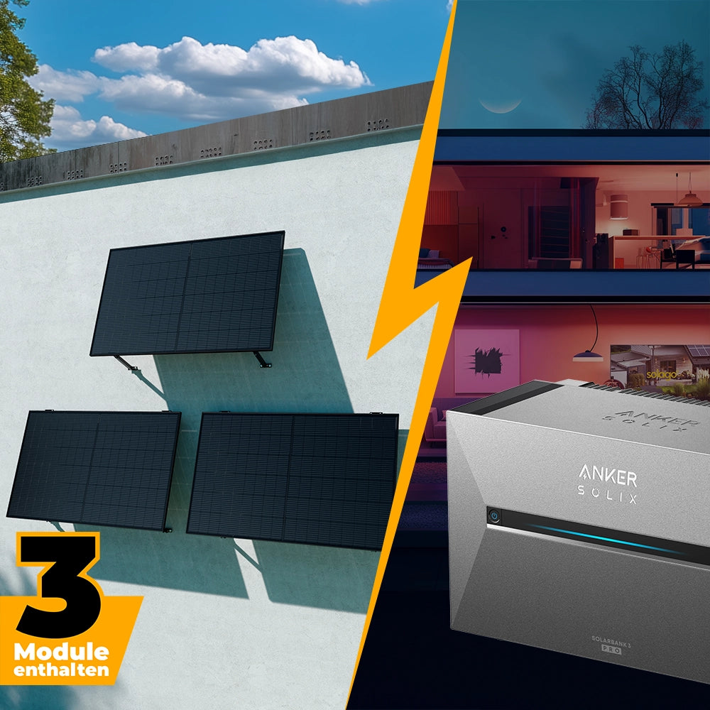 Balkonkraftwerk mit Anker SOLIX Solarbank 3 Pro 1500W Glas-Glas bifazial - Komplettset Wandmontage