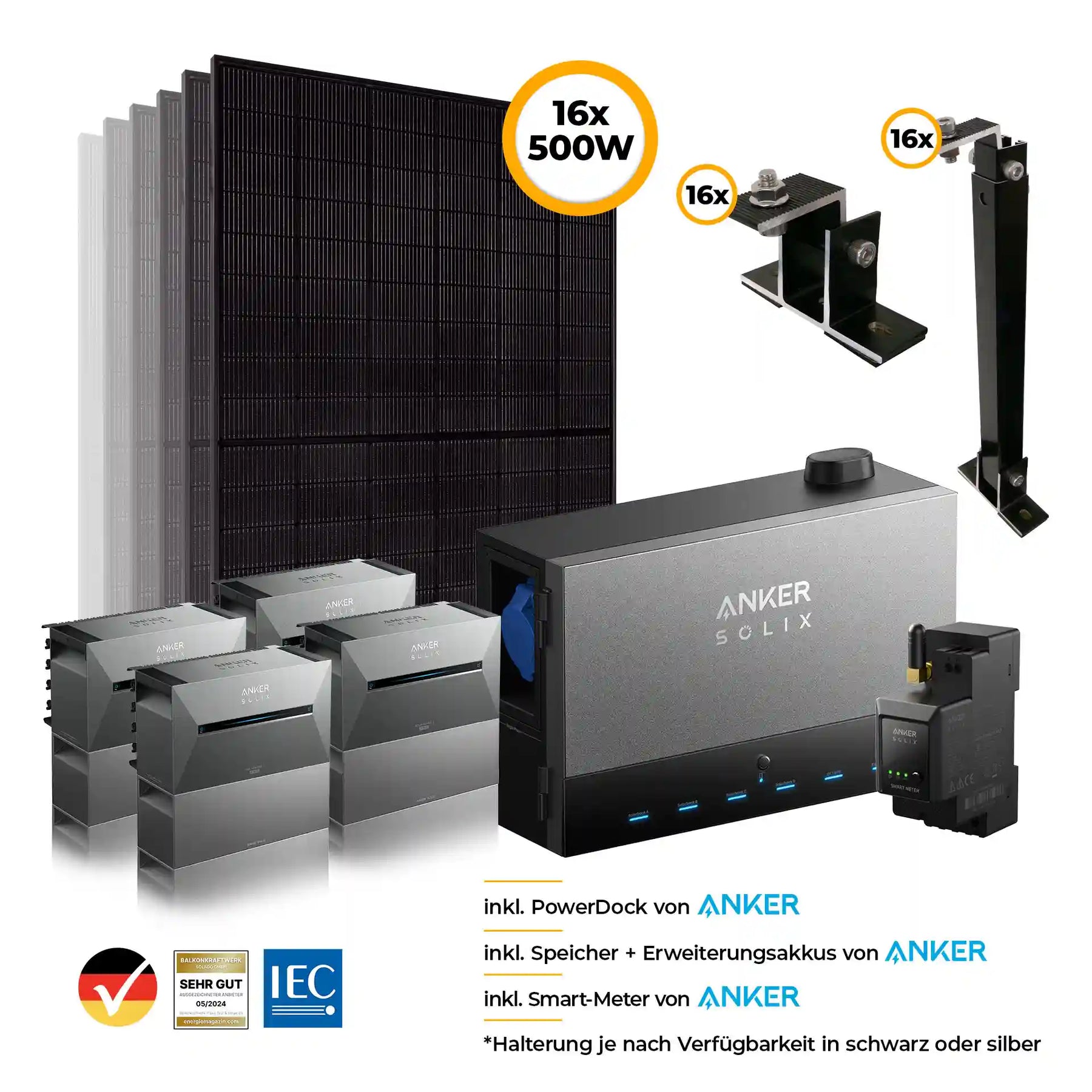 Anker Power Dock Set mit Speicher und 4x Anker SOLIX Solarbank 3 Pro 8000W - Komplettset Wandmontage