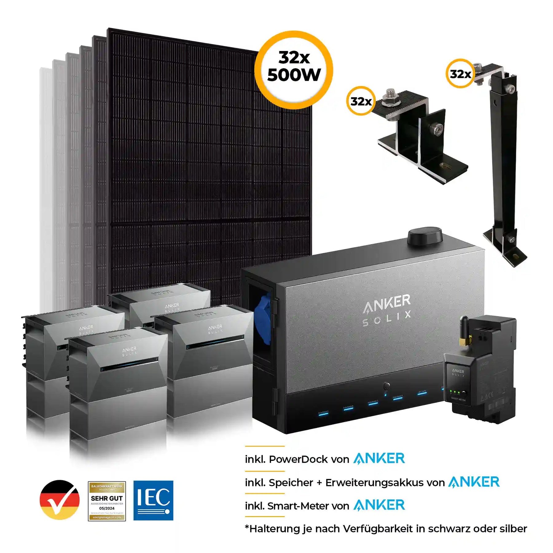 Anker Power Dock Set mit Speicher und 4x Anker SOLIX Solarbank 3 Pro 16000W - Komplettset Flachdach/Boden