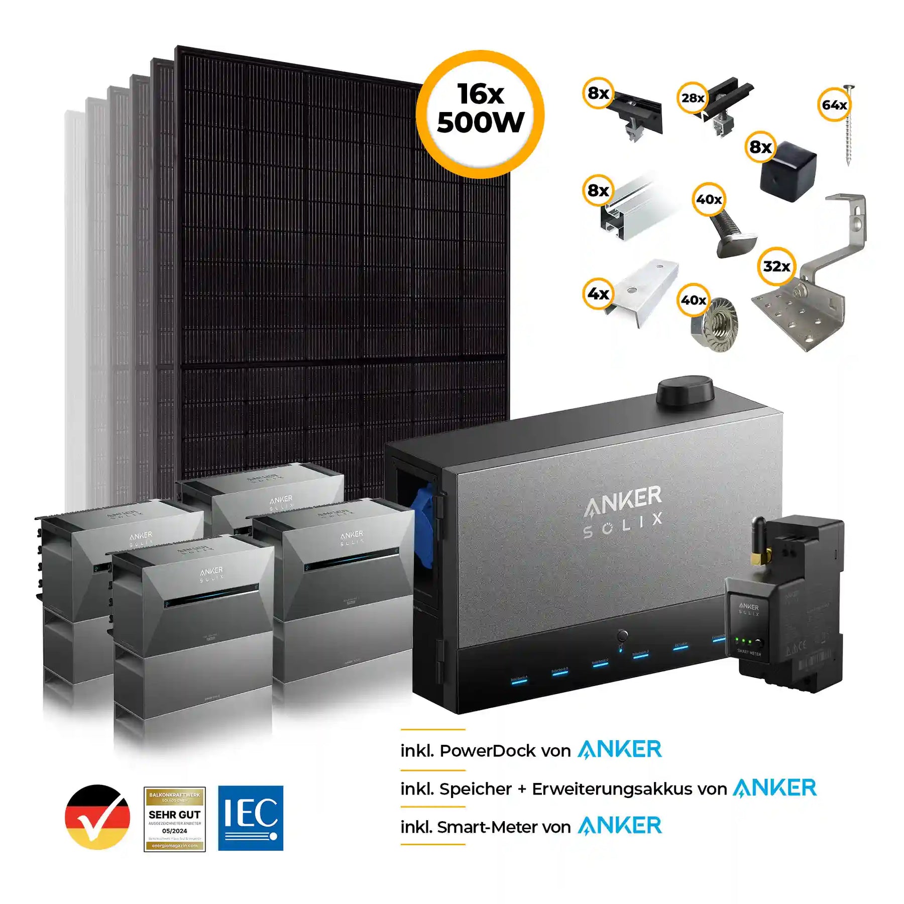 Anker Power Dock Set mit Speicher und 4x Anker SOLIX Solarbank 3 Pro 8000W - Komplettset Schrägdach