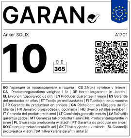 GARAN Label für Anker SOLIX A17C1 mit 10 Jahren Herstellergarantie