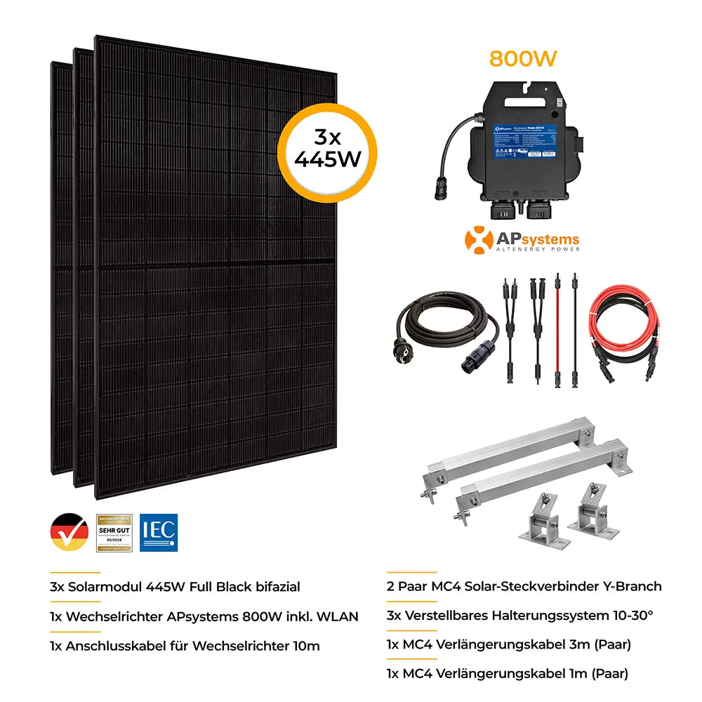 Balkonkraftwerk 1335W Glas-Glas bifazial - Komplettset Flachdach/Boden