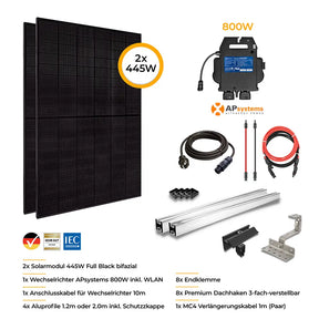 Balkonkraftwerk 800W Glas-Glas bifazial - Komplettset Schrägdach vertikal