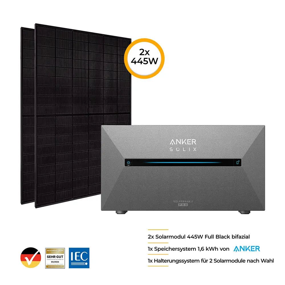 Balkonkraftwerk mit Anker SOLIX Solarbank 2 Pro 800W Glas-Glas bifazial - Komplettset Flachdach/Boden