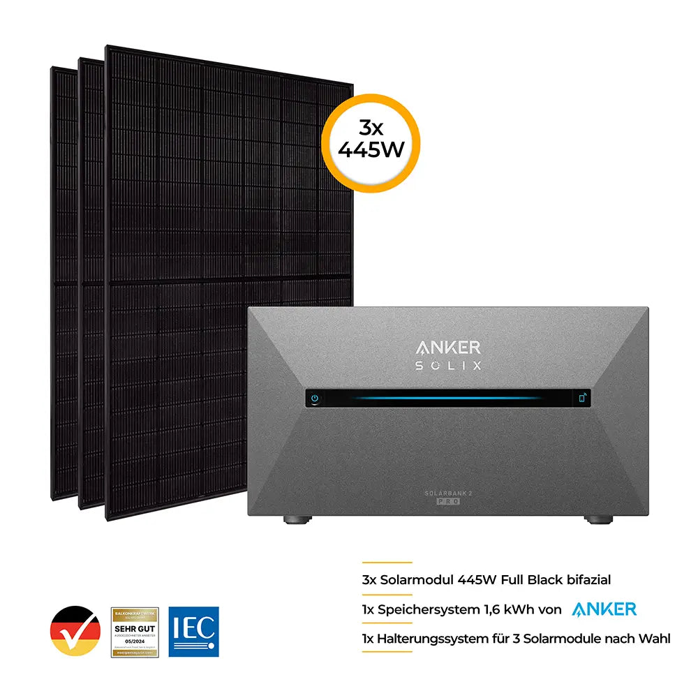 Balkonkraftwerk mit Anker SOLIX Solarbank 2 Pro 1335W Glas-Glas bifazial - Komplettset Flachdach/Boden