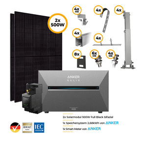 Balkonkraftwerk mit Anker SOLIX Solarbank 3 Pro 1000W/800W Glas-Glas bifazial - Komplettset Gitterbalkon