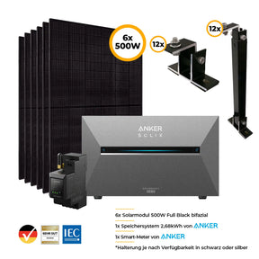 Balkonkraftwerk mit Anker SOLIX Solarbank 3 Pro 3000W Glas-Glas bifazial - Komplettset Flachdach/Boden Ste Bild