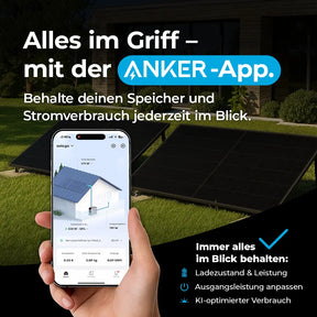 Anker-App zur Steuerung des Solarspeichers – Ladezustand und Leistung jederzeit im Blick. Speicher und Stromverbrauch bequem per Smartphone überwachen, Ausgangsleistung anpassen und KI-optimierten Verbrauch nutzen.