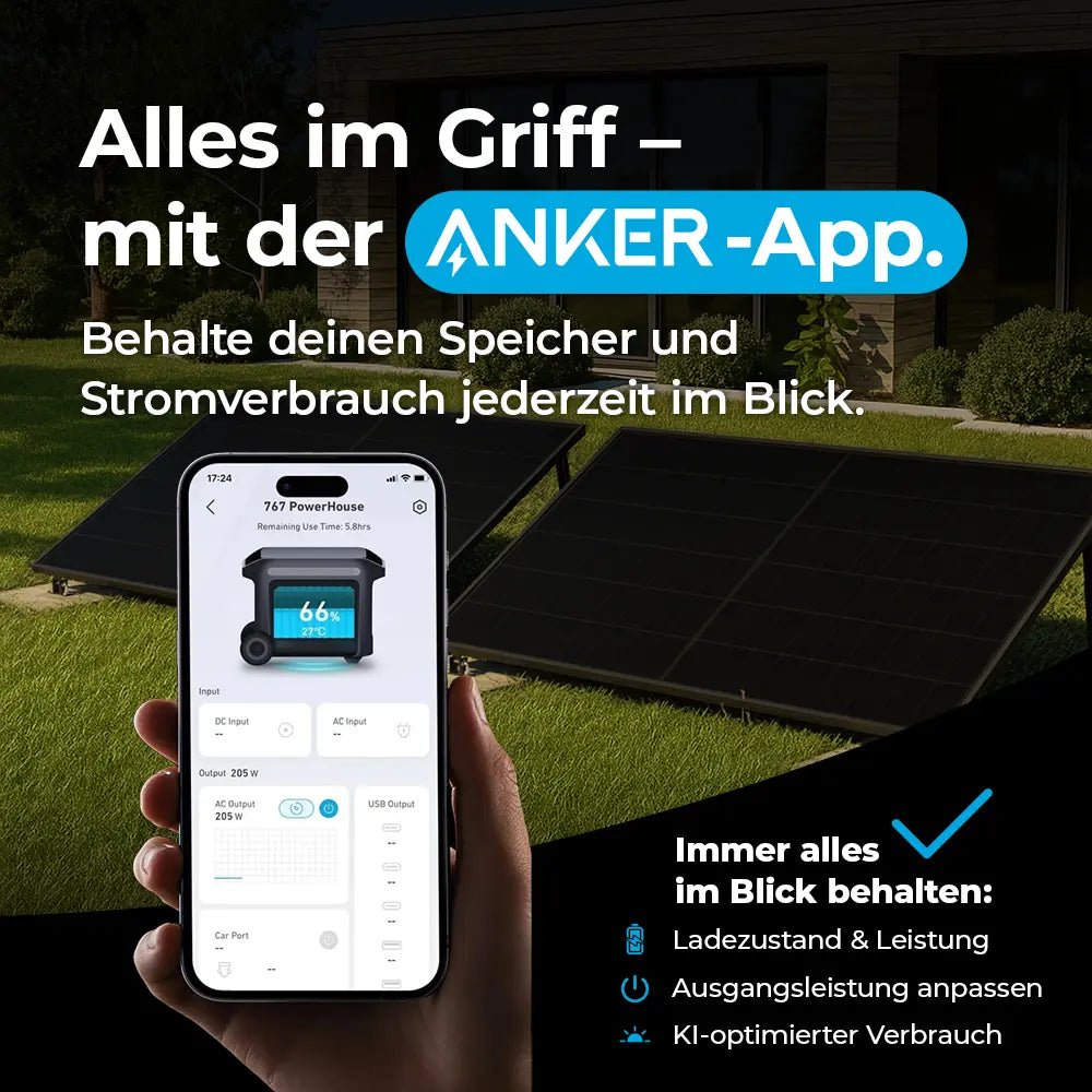 Anker-App zur Steuerung des Solarspeichers – Ladezustand und Leistung jederzeit im Blick. Speicher und Stromverbrauch bequem per Smartphone überwachen, Ausgangsleistung anpassen und KI-optimierten Verbrauch nutzen.