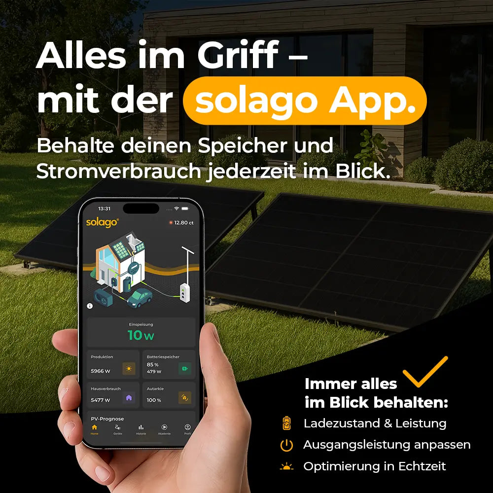 solago-App zur Steuerung des Solarspeichers – Ladezustand und Leistung jederzeit im Blick. Speicher und Stromverbrauch bequem per Smartphone überwachen, Ausgangsleistung anpassen und KI-optimierten Verbrauch nutzen.