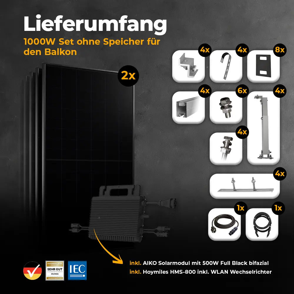 Balkonkraftwerk Lieferumfang für den Balkon mit 1000W