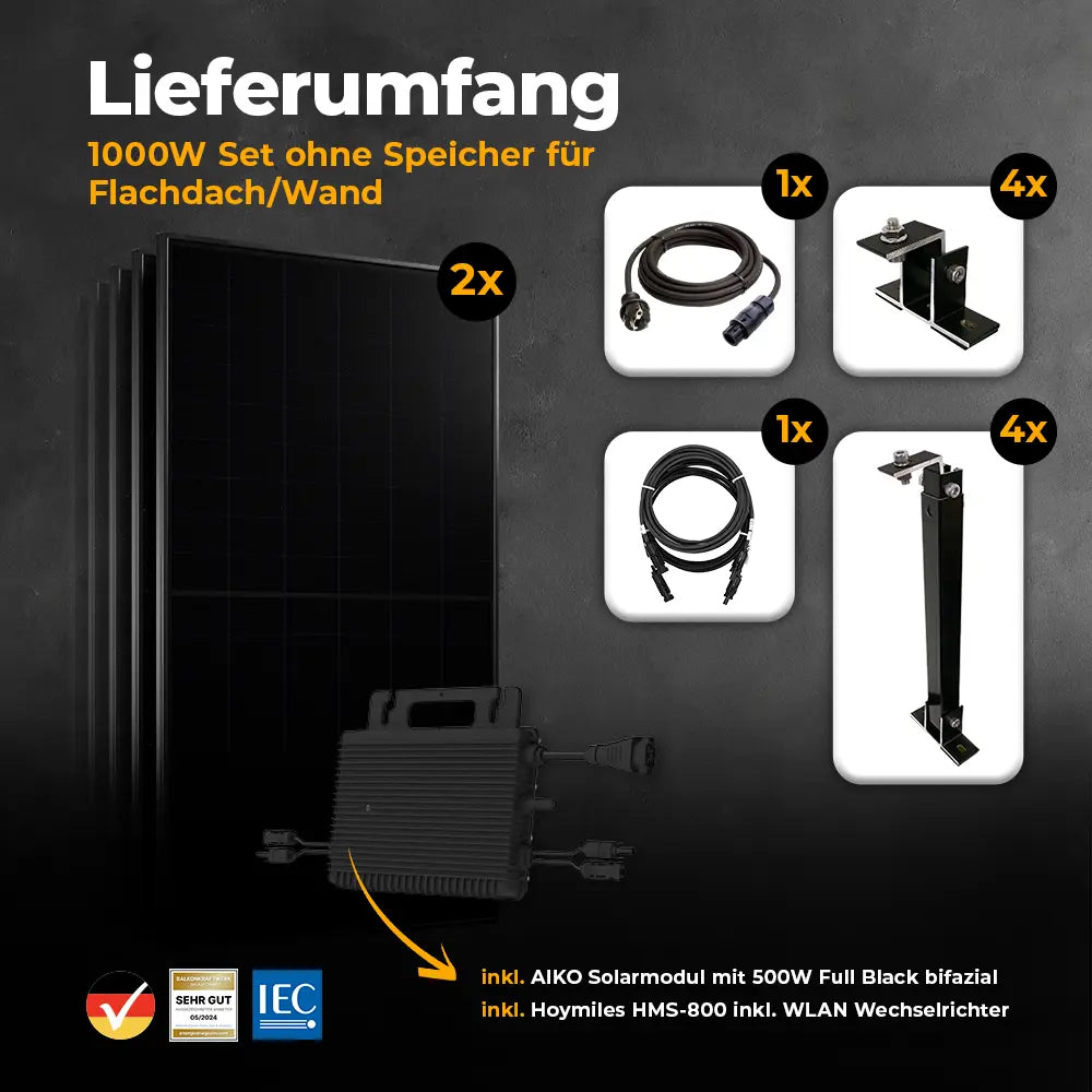 Balkonkraftwerk Lieferumfang für das Flachdach mit 1000W