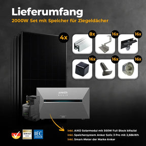 Lieferumfang Solarkraftwerk 2000W Set mit Speicher für Ziegeldächer – 4 AIKO Solarmodule mit 500W Full Black bifazial, Anker Solix 3 Pro Speicher mit 2,68 kWh, Smart-Meter von Anker sowie komplettes Montagematerial. Jetzt bei solago kaufen.