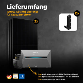 Balkonkraftwerk 1500W mit Speicher Anker SOLIX 3 Pro – Komplettset Stabgitterzaun