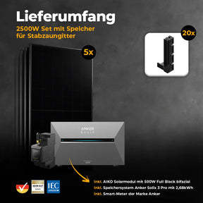 Solarkraftwerk 2500W mit Speicher Anker SOLIX 3 Pro - Komplettset Stabgitterzaun