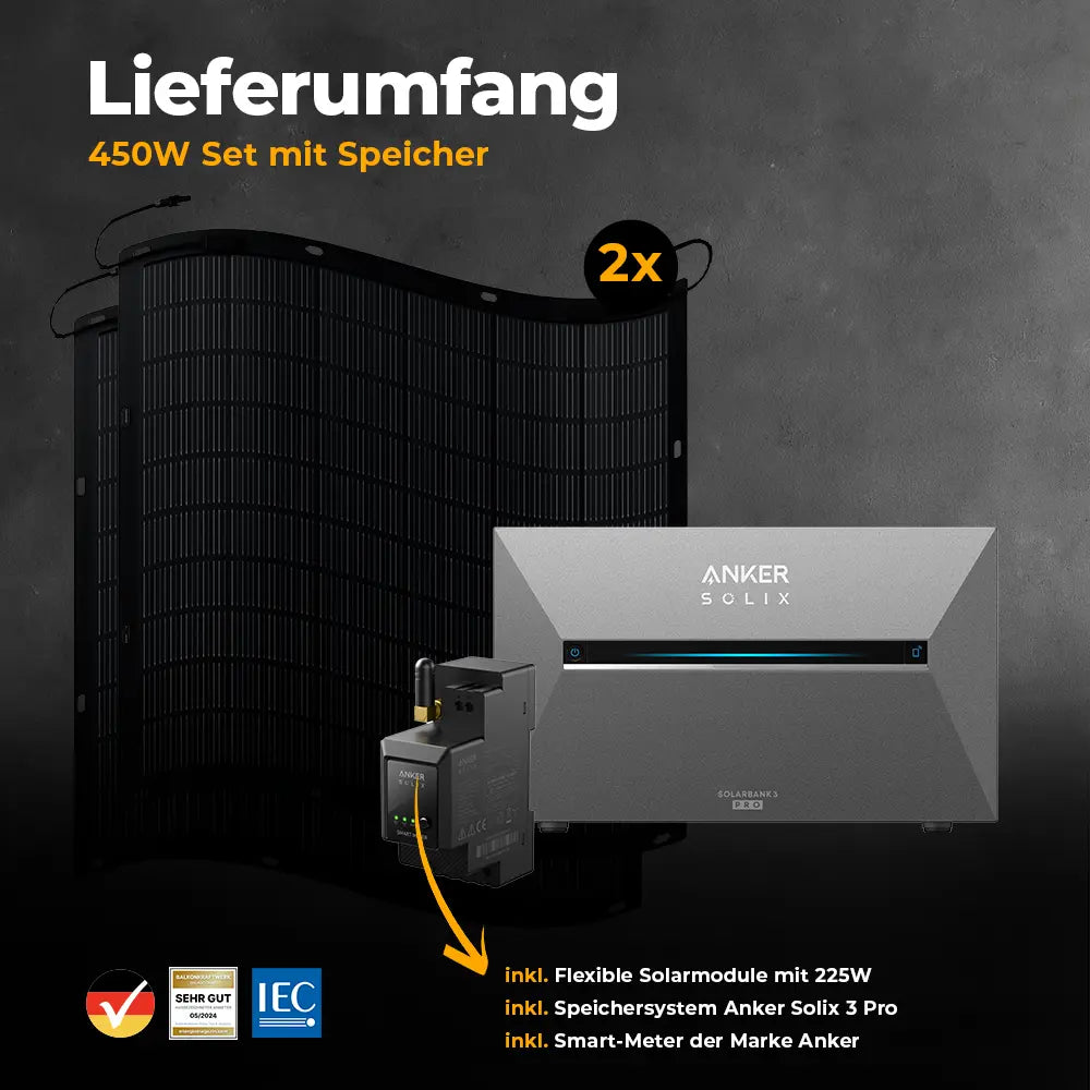 Balkonkraftwerk 450W Flexmodul mit Speicher Anker SOLIX 3 Pro - Komplettset