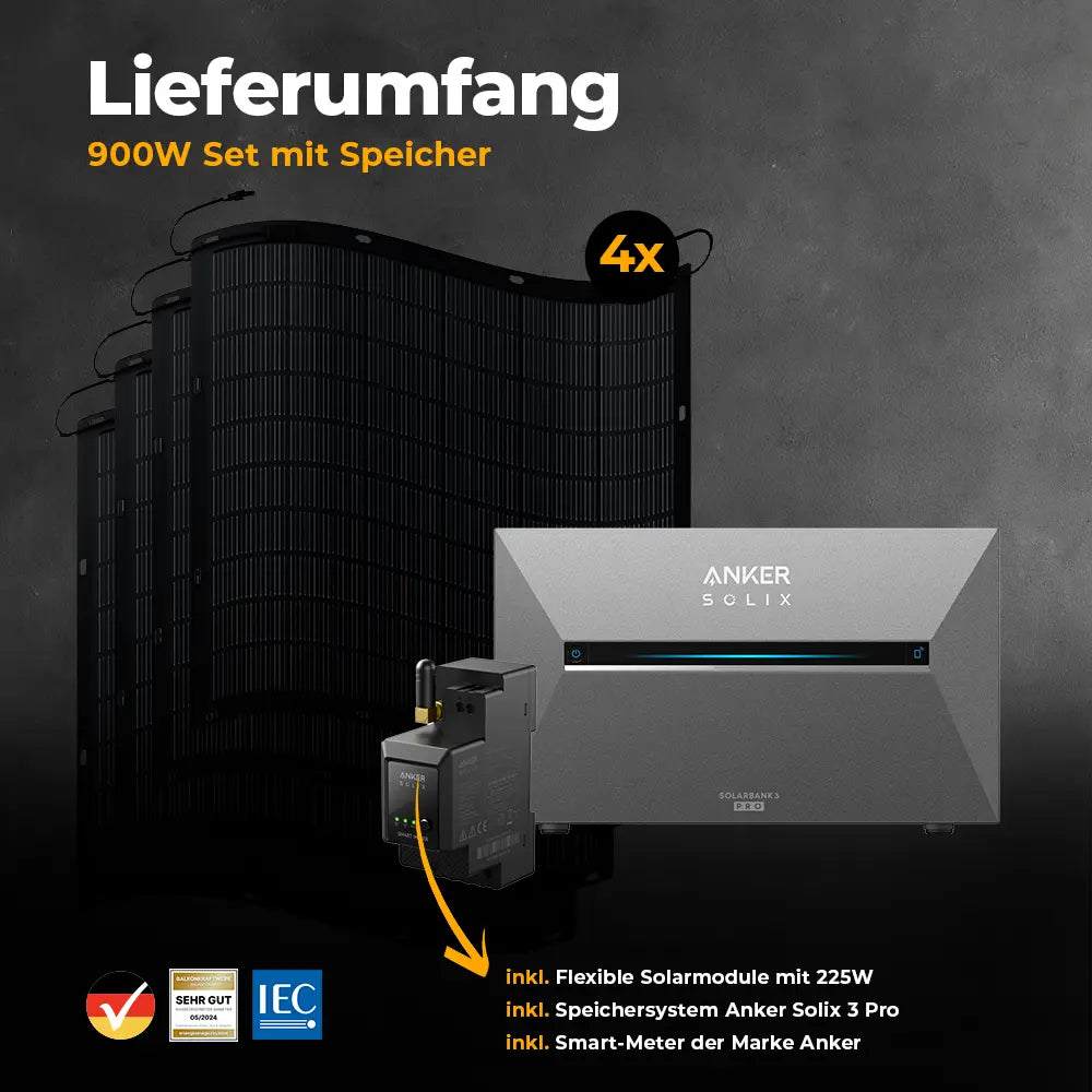 Balkonkraftwerk 900W Flexmodul mit Speicher Anker SOLIX 3 Pro - Komplettset