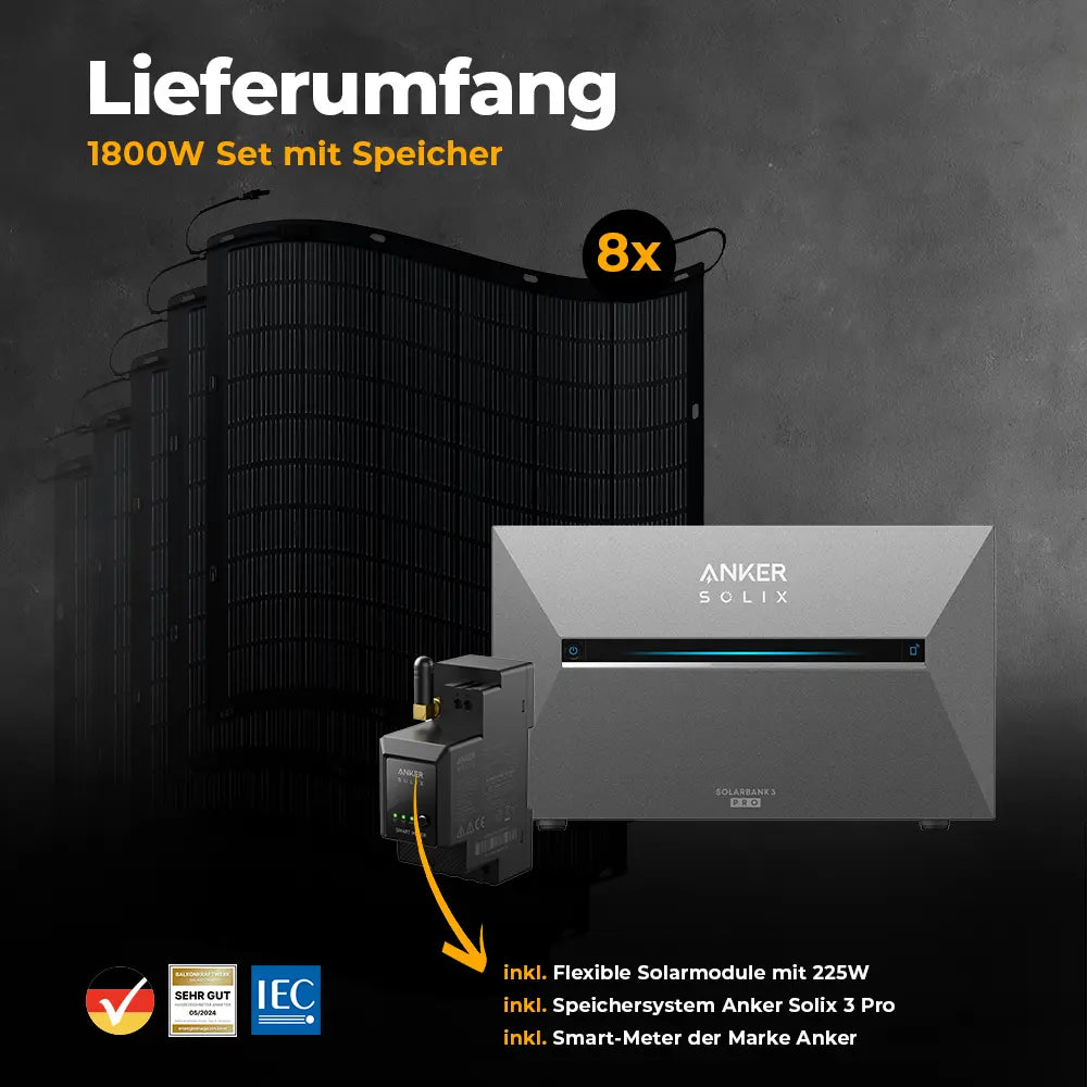 Produktbild Lieferumfang - Balkonkraftwerk 1800W Flexmodul mit Speicher Anker SOLIX 3 Pro - Komplettset