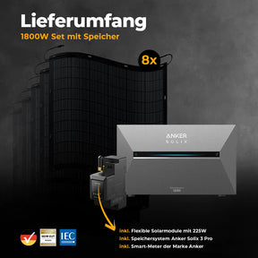 Produktbild Lieferumfang - Balkonkraftwerk 1800W Flexmodul mit Speicher Anker SOLIX 3 Pro - Komplettset