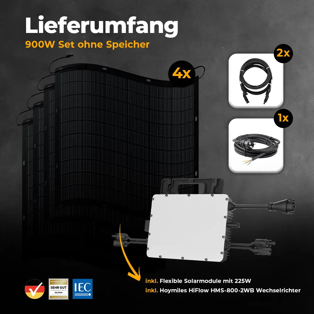 Balkonkraftwerk 900W mit flexiblen Solarmodulen ohne Speicher - Set
