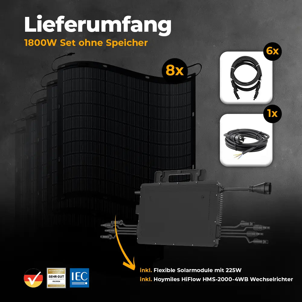 Produktbild Lieferumfang - Balkonkraftwerk 1800W Flexmodul ohne Speicher - Komplettset