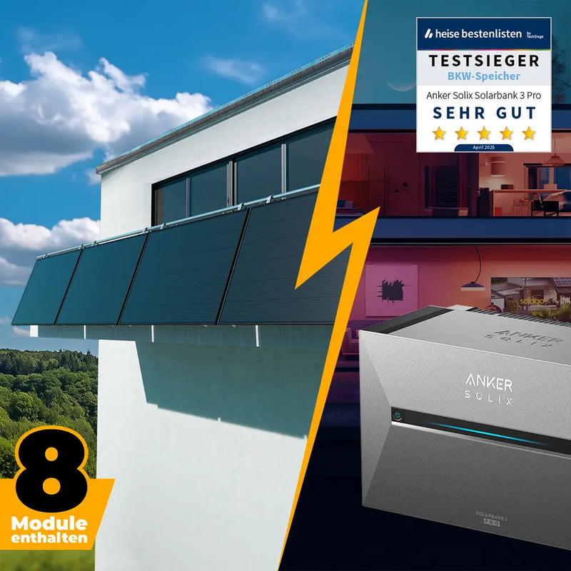 Solarkraftwerk mit Anker SOLIX Solarbank 3 Pro 4000W Glas-Glas bifazial - Komplettset Gitterbalkon
