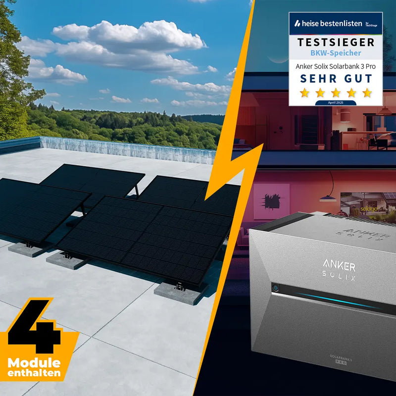 Balkonkraftwerk mit Anker SOLIX Solarbank 3 Pro 2000W Glas-Glas bifazial - Komplettset Flachdach/Boden