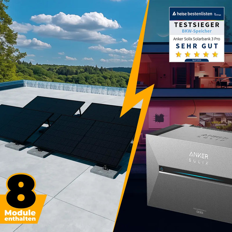 Solarkraftwerk mit Anker SOLIX Solarbank 3 Pro 4000W Glas-Glas bifazial - Komplettset Flachdach/Boden