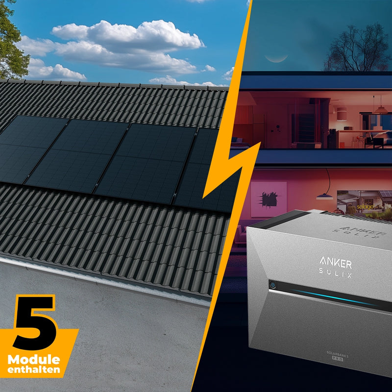 Solarkraftwerk mit Anker SOLIX Solarbank 3 Pro 2500W Glas-Glas bifazial - Komplettset Schrägdach vertikal