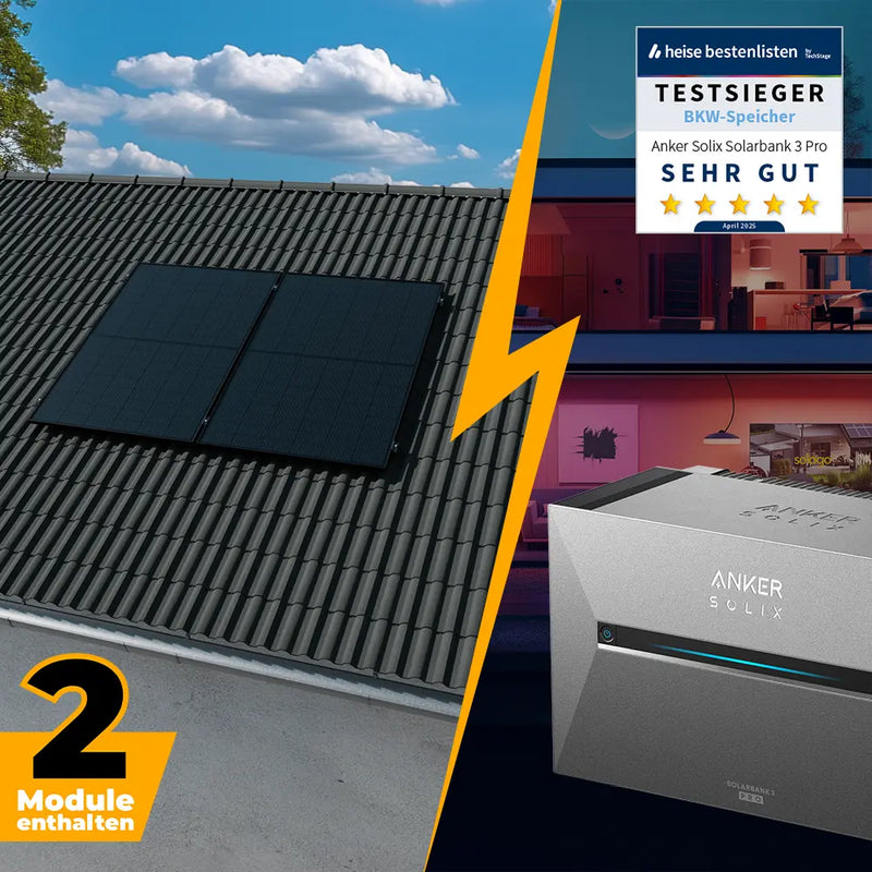 Balkonkraftwerk mit Anker SOLIX Solarbank 3 Pro 1000W/800W Glas-Glas bifazial - Komplettset Schrägdach vertikal