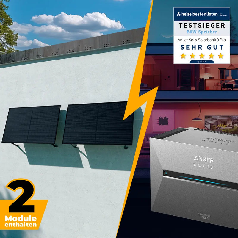 Balkonkraftwerk mit Anker SOLIX Solarbank 3 Pro 1000W/800W Glas-Glas bifazial - Komplettset Wandmontage