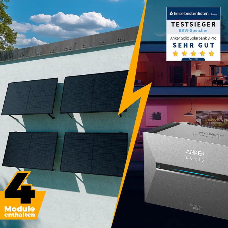 Balkonkraftwerk mit Anker SOLIX Solarbank 3 Pro 2000W Glas-Glas bifazial - Komplettset Wandmontage