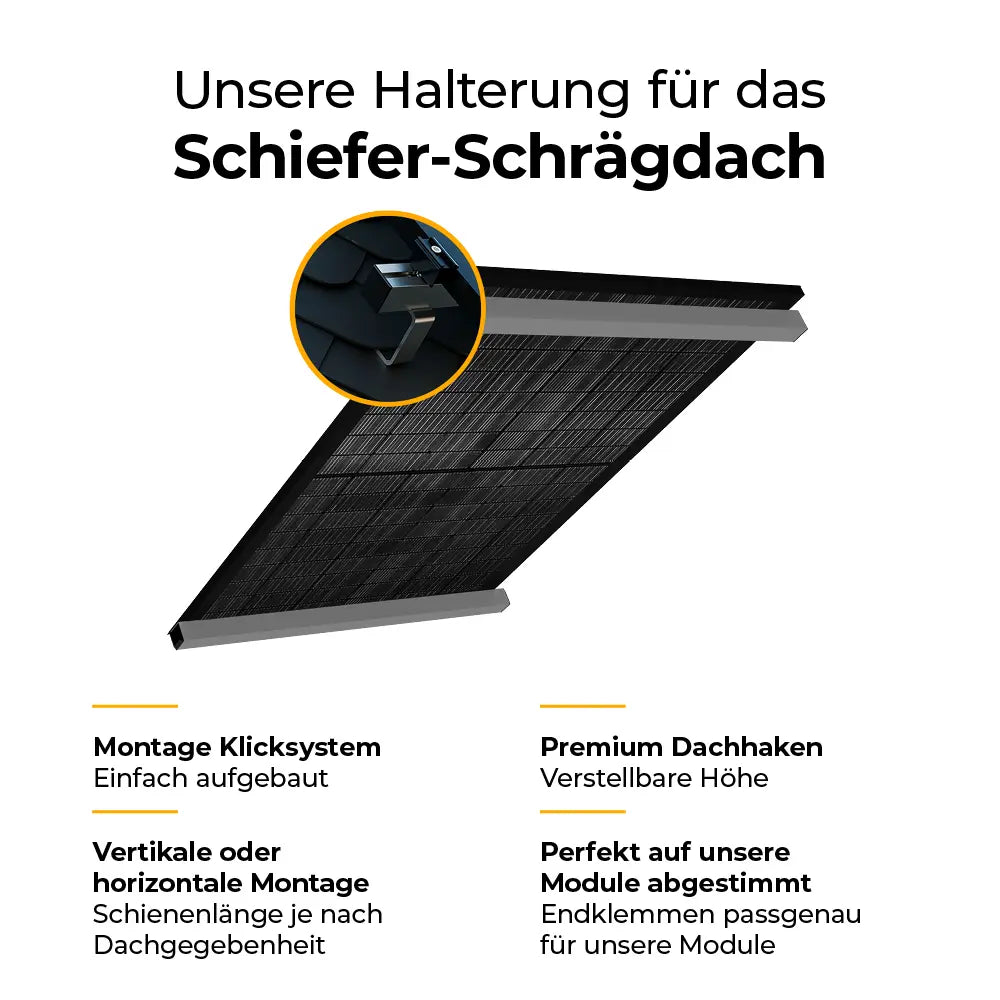 Darstellung eines Montagesystems für Solarmodule auf Schiefer-Schrägdächern mit Nahaufnahme eines höhenverstellbaren Dachhakens unter Schieferplatten; Textinfos heben Klicksystem, flexible Montageausrichtung, Premium-Dachhaken und perfekte Passform für die Module hervor.