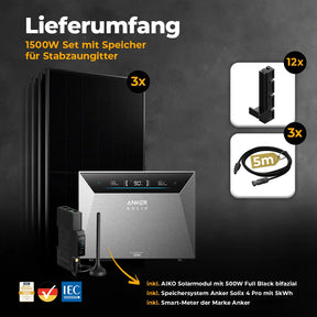 Balkonkraftwerk 1500W mit Speicher Anker SOLIX 4 Pro – Komplettset Stabgitterzaun