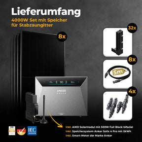 Solarkraftwerk 4000W mit Speicher Anker SOLIX 4 Pro - Komplettset Stabgitterzaun
