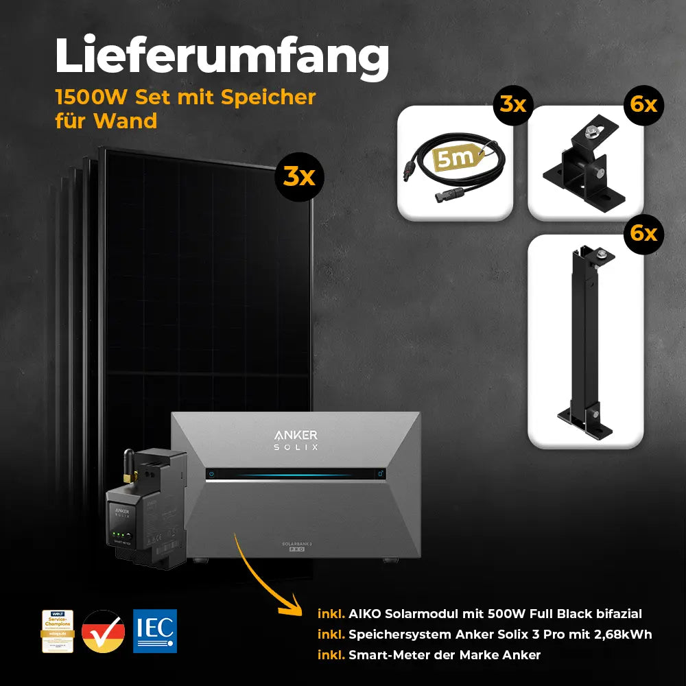 Balkonkraftwerk 1500W mit Speicher Anker SOLIX 3 Pro – Komplettset Wandmontage