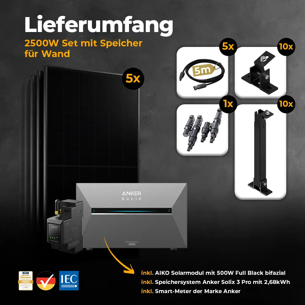 Solarkraftwerk 2500W mit Speicher Anker SOLIX 3 Pro - Komplettset Wandmontage