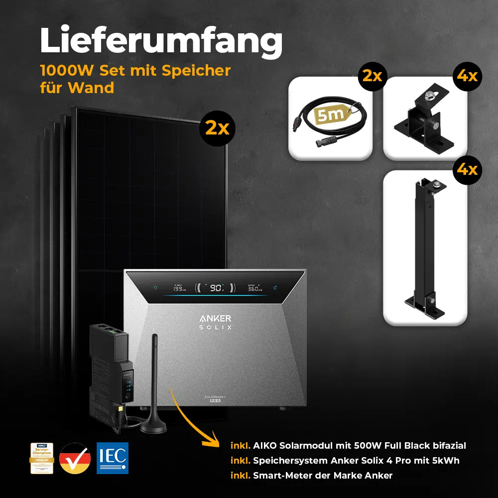 Balkonkraftwerk 1000W/800W mit Speicher Anker SOLIX 4 Pro - Komplettset Wandmontage