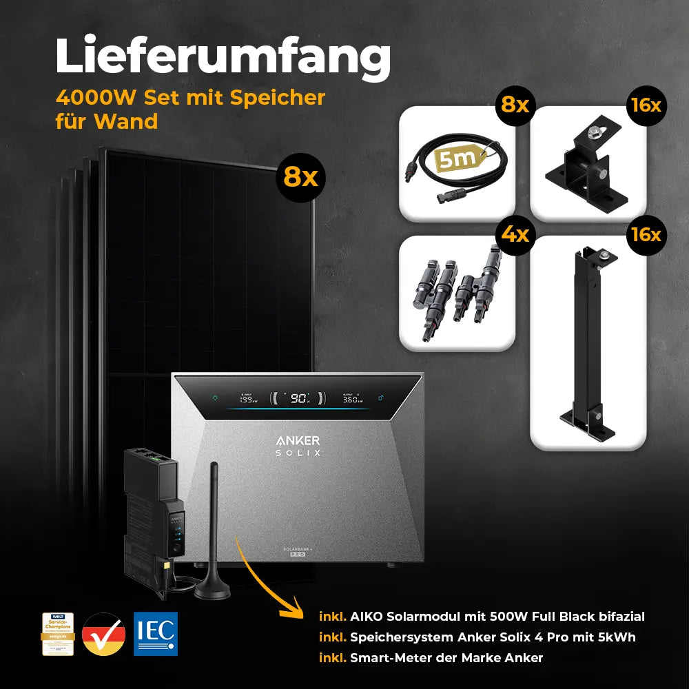 Solarkraftwerk 4000W mit Speicher Anker SOLIX 4 Pro - Komplettset Wandmontage