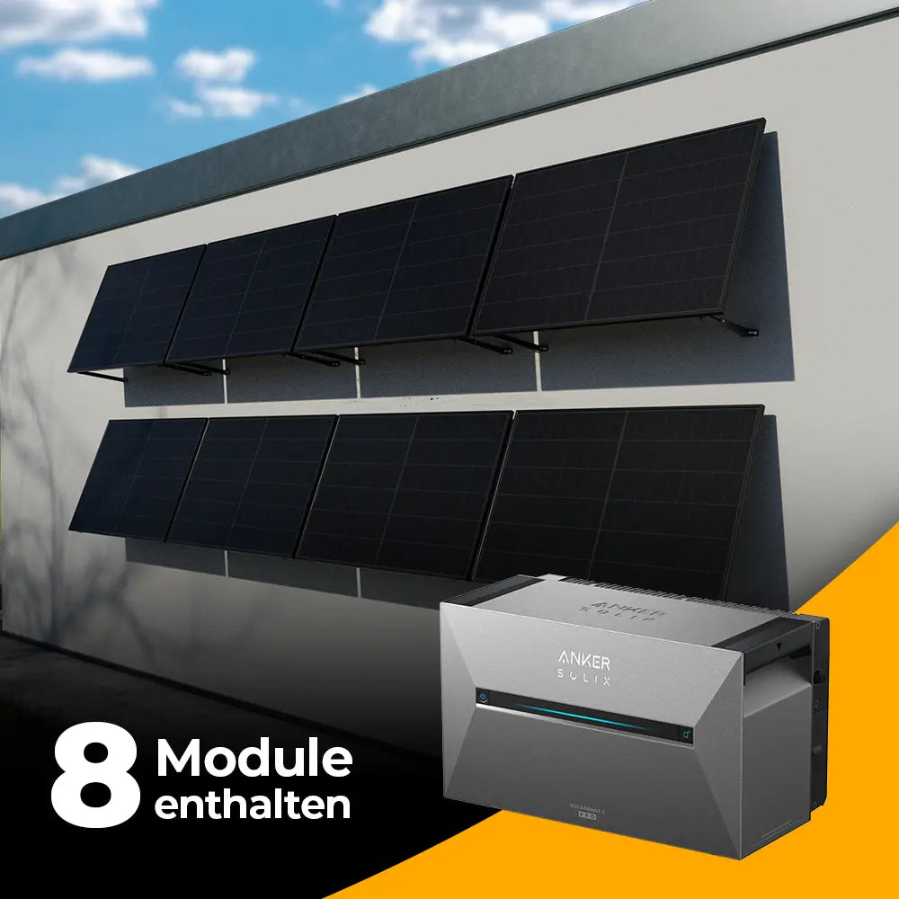 Solarkraftwerk 4000W Komplettset für Wandmontage – mit 8 Glas-Glas bifazialen Solarmodulen und Anker Solix 3 Pro Speicher. Leistungsstarke Photovoltaikanlage für Wandinstallation mit integriertem Stromspeicher – jetzt bei solago kaufen.