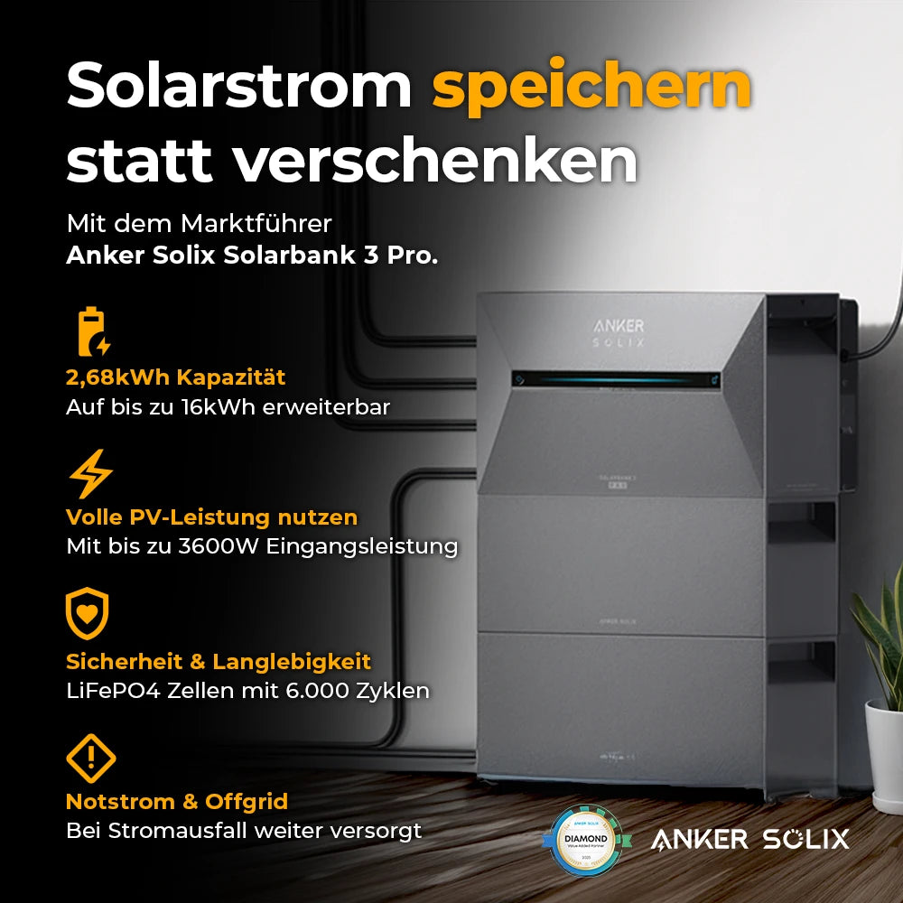 Anker Solix Solarbank 3 Pro – Stromspeicher mit 2,68 kWh Kapazität, erweiterbar auf bis zu 16 kWh. Nutzt volle PV-Leistung mit 3600W Eingangsleistung, LiFePO4-Zellen für 6.000 Ladezyklen, Notstrom- und Offgrid-Funktion für zuverlässige Versorgung bei Stromausfall. Erhältlich bei solago.