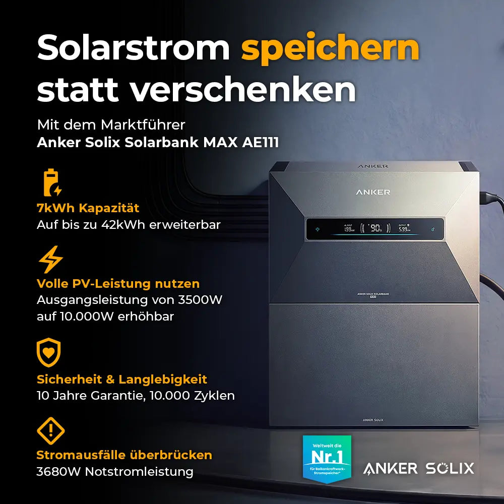 Detailbild Anker Solix Solarbank MAX AE111: Solarstrom effizient speichern mit erweiterbarer Kapazität und langlebiger Batterie.
